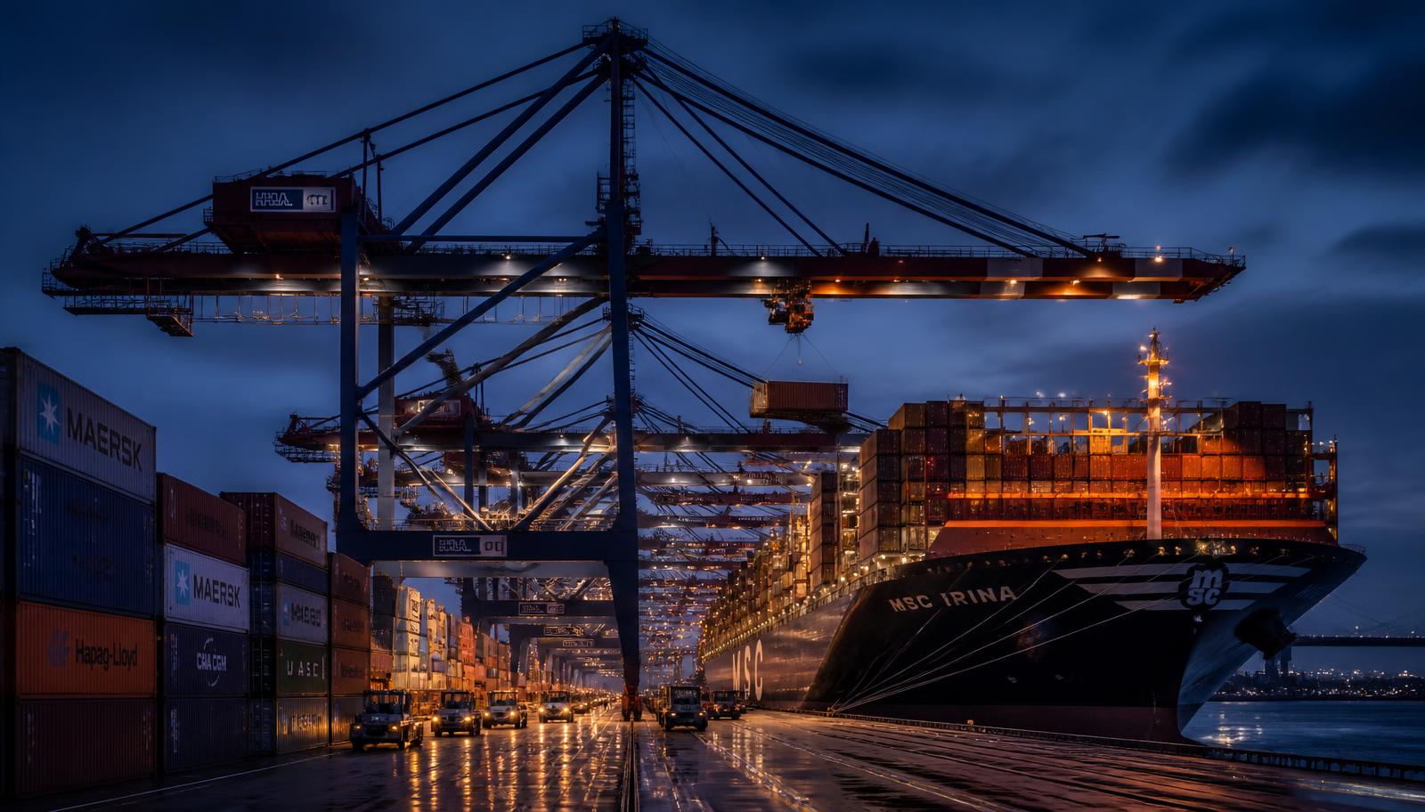 Ship-to-shore gantry cranes handling containers at a European container terminal