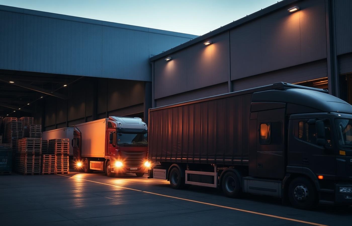 Trucks loading at a logistics warehouse dock