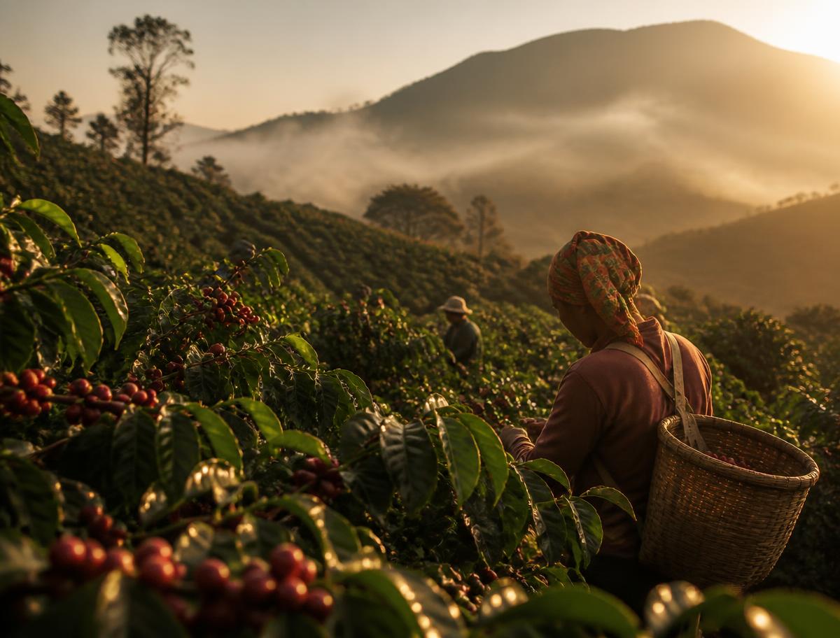 Coffee plantation at origin with pickers harvesting ripe cherries